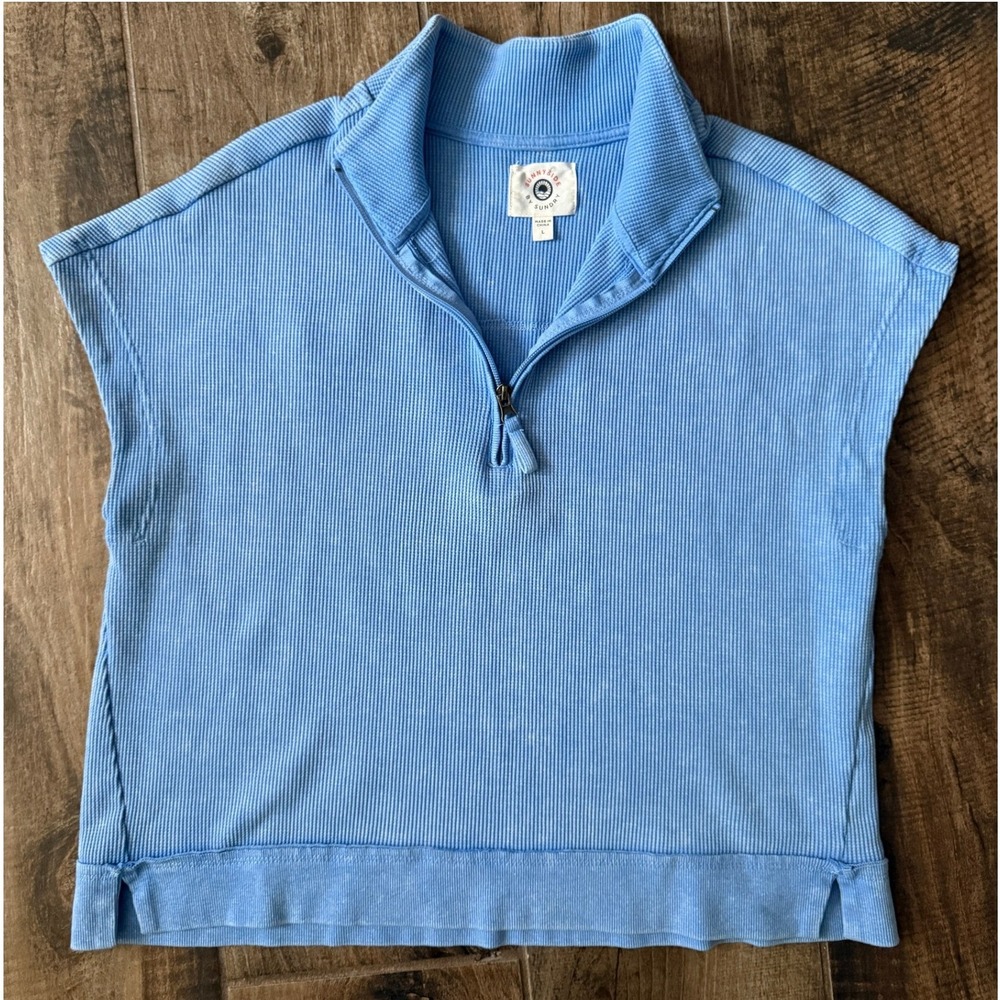 SUNDRY Sunnyside Womens Waffle Knit Quarter-Zip Cap Sleeve Top,‎ Blue,L